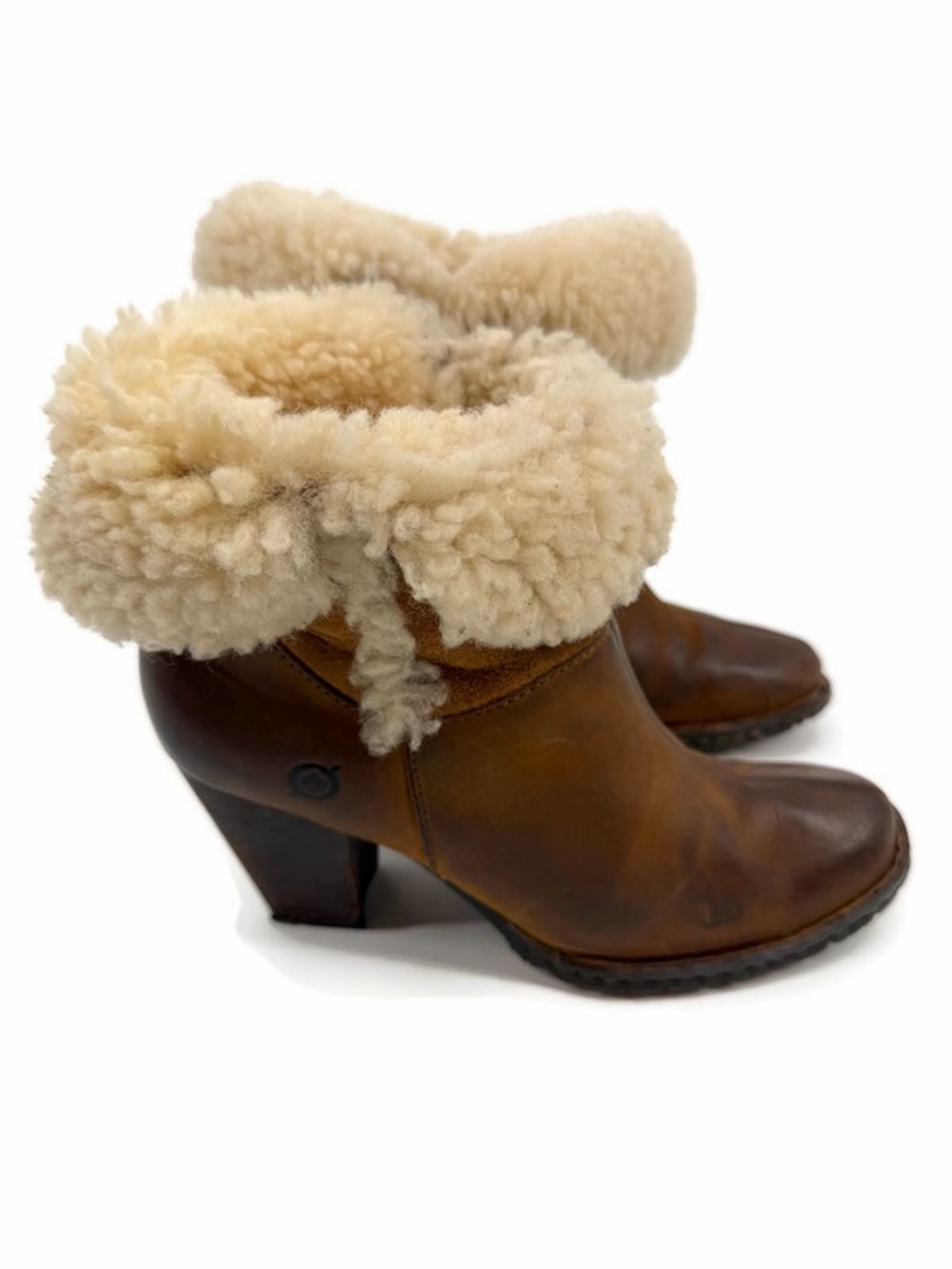 Born Dona W21268 Brown Leather Shearling Cuff Ankle Boots Size 6